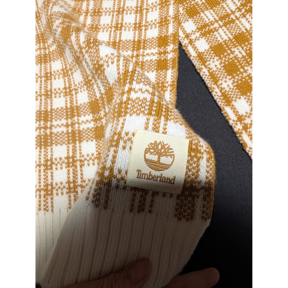 Timberland Plaid Knit Scarf Mustard Yellow Cream Acrylic Winter Wrap Logo Patch - Picture 3 of 4